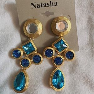 Natasha shinny blue purple white colorful diamonds gold tone drops earrings